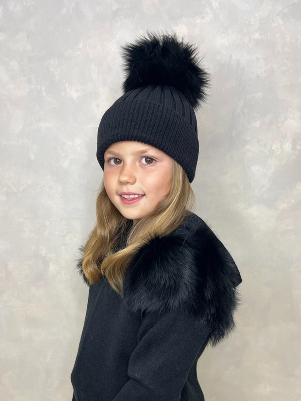 Childrens Black Luxury Fur Bobble Hat