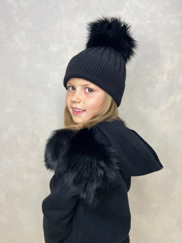 Childrens Black Luxury Fur Bobble Hat