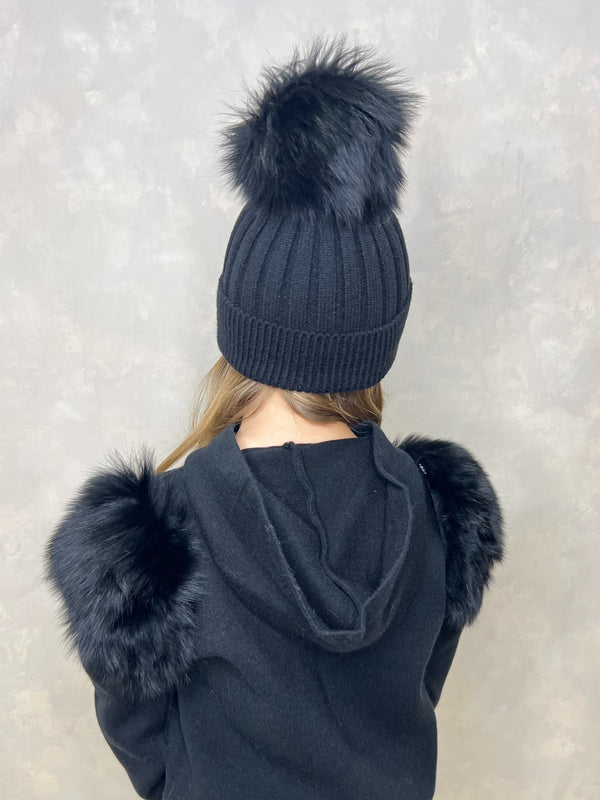Childrens Black Luxury Fur Bobble Hat