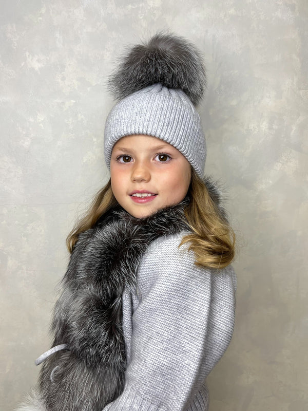 Childrens Grey/Two Tone Luxury Fur Bobble Hat