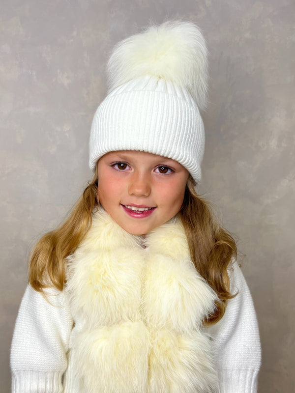 Childrens Cream Luxury Fur Bobble Hat