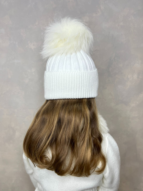Childrens Cream Luxury Fur Bobble Hat