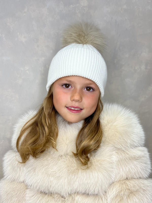 Childrens Cream/Beige Luxury Fur Bobble Hat