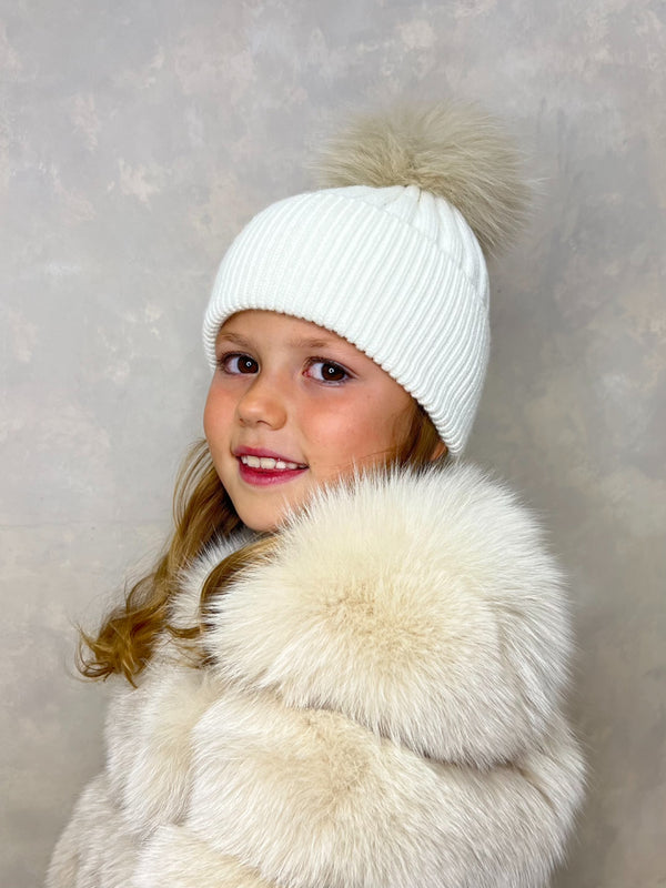 Childrens Cream/Beige Luxury Fur Bobble Hat