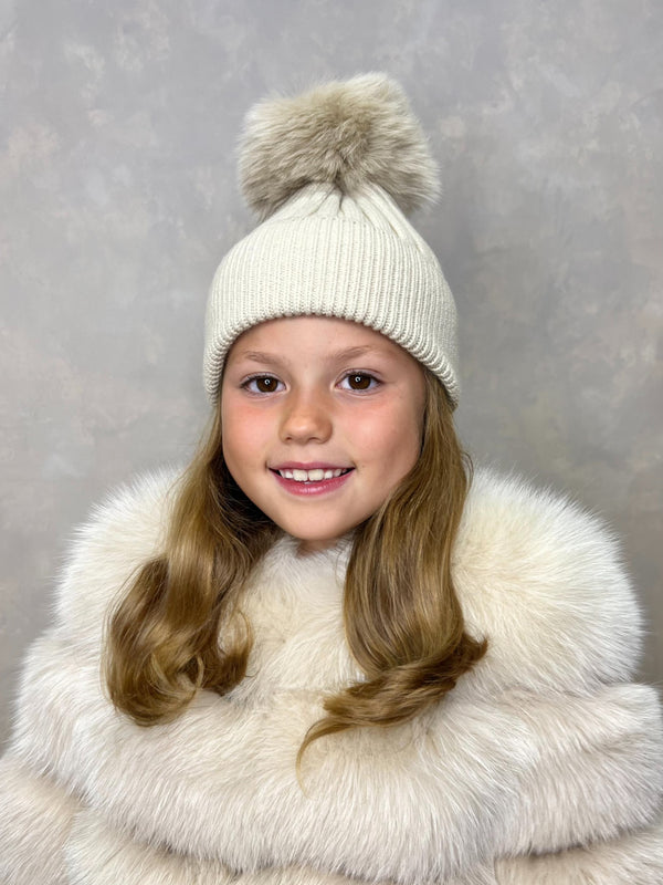Childrens Beige Luxury Fur Bobble Hat