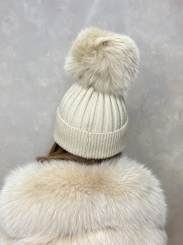 Childrens Beige Luxury Fur Bobble Hat