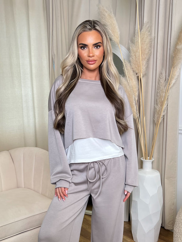 Inside Edit Taupe Overlay Top & Wide Leg Trousers