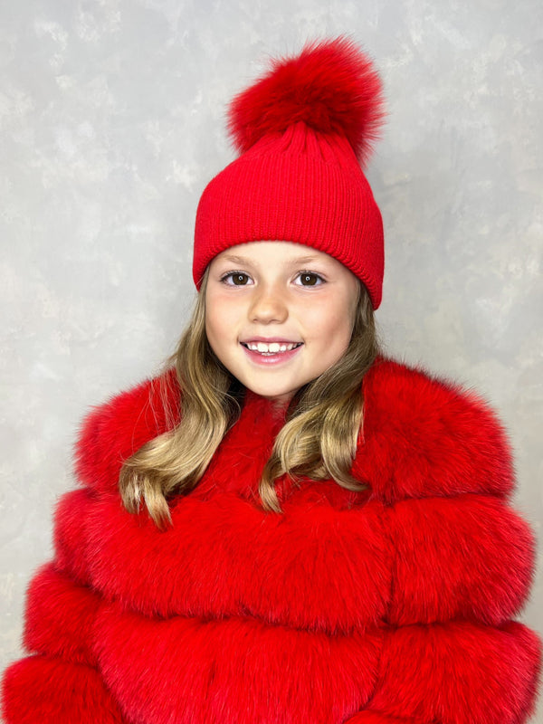 Childrens Red Luxury Fur Bobble Hat