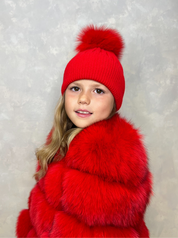 Childrens Red Luxury Fur Bobble Hat