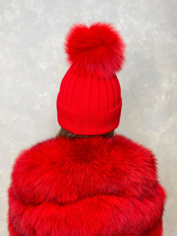Childrens Red Luxury Fur Bobble Hat