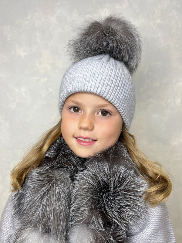 Childrens Grey/Two Tone Luxury Fur Bobble Hat