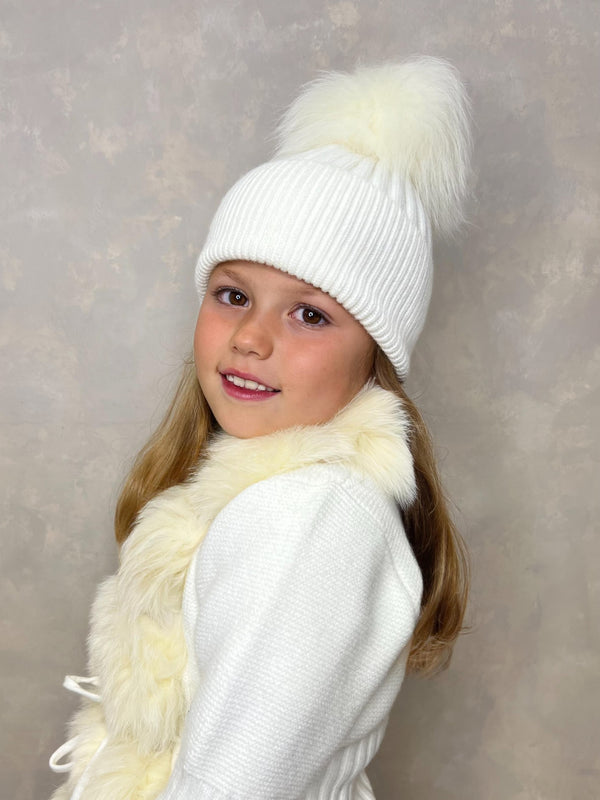 Childrens Cream Luxury Fur Bobble Hat