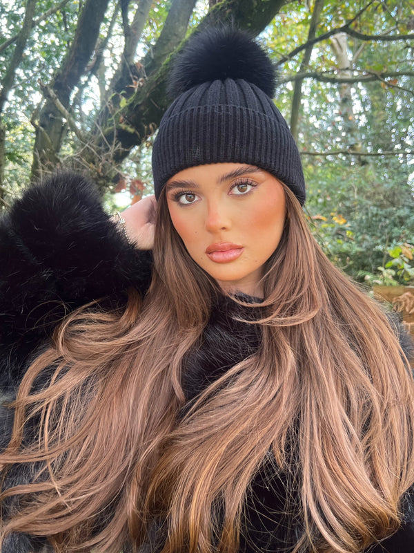 Black Premium Faux Fur Bobble Hat