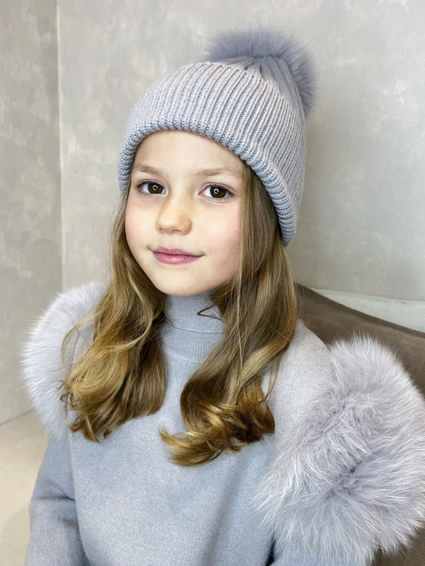 Childrens Grey/Grey Luxury Fur Bobble Hat