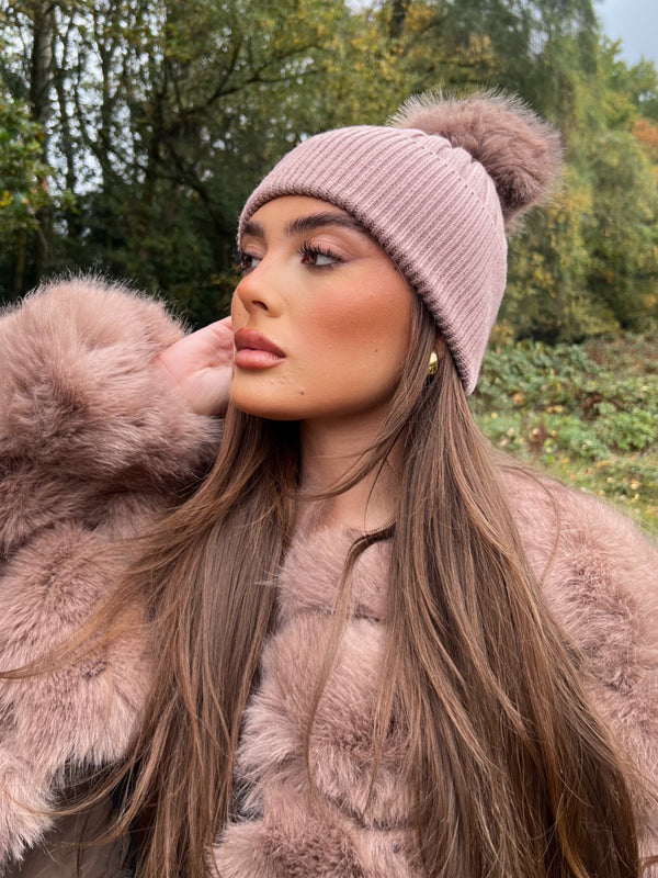 Taupe Premium Faux Fur Bobble Hat