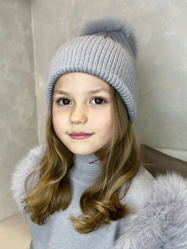 Childrens Grey/Grey Luxury Fur Bobble Hat