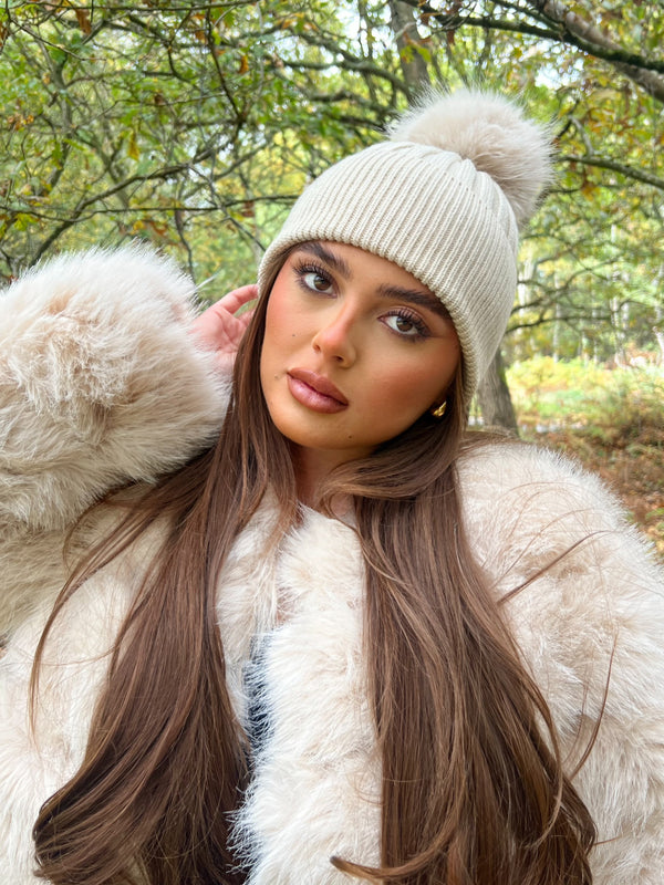 Light Beige Premium Faux Fur Bobble Hat