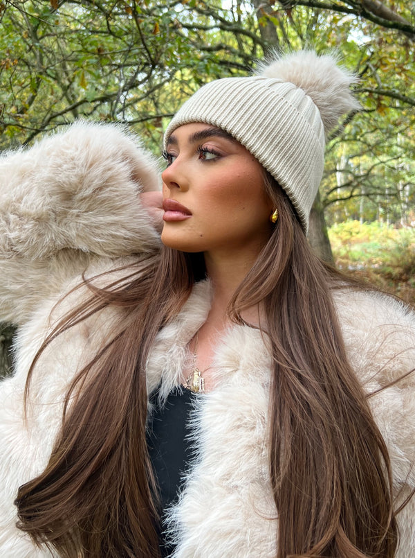 Light Beige Premium Faux Fur Bobble Hat