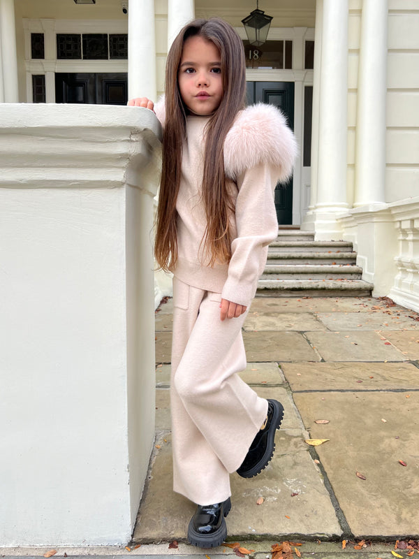 Childrens Light Beige Luxury Fur Roll Neck Wide Leg Tracksuit