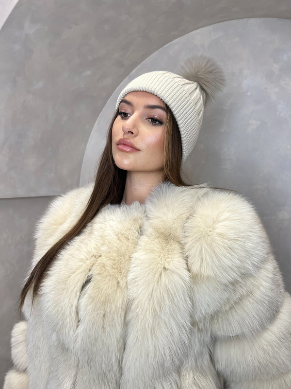 Beige Luxury Fur Bobble Hat