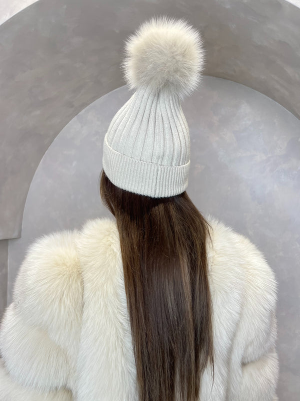 Beige Luxury Fur Bobble Hat