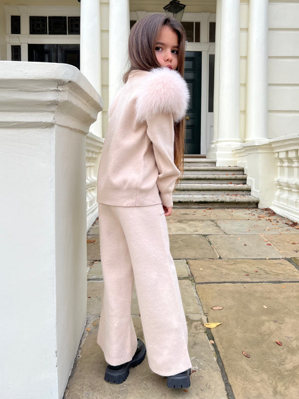 Childrens Light Beige Luxury Fur Roll Neck Wide Leg Tracksuit