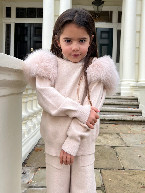 Childrens Light Beige Luxury Fur Roll Neck Wide Leg Tracksuit