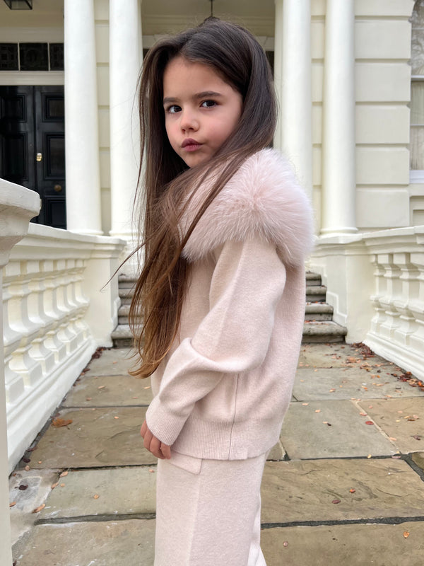 Childrens Light Beige Luxury Fur Roll Neck Wide Leg Tracksuit