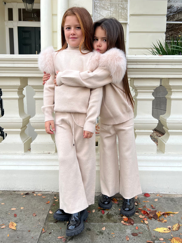 Childrens Light Beige Luxury Fur Roll Neck Wide Leg Tracksuit