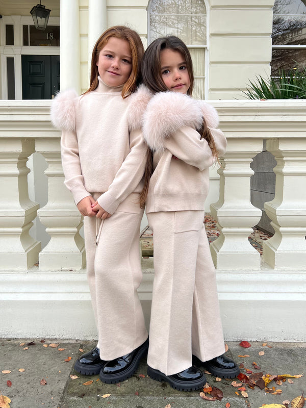 Childrens Light Beige Luxury Fur Roll Neck Wide Leg Tracksuit