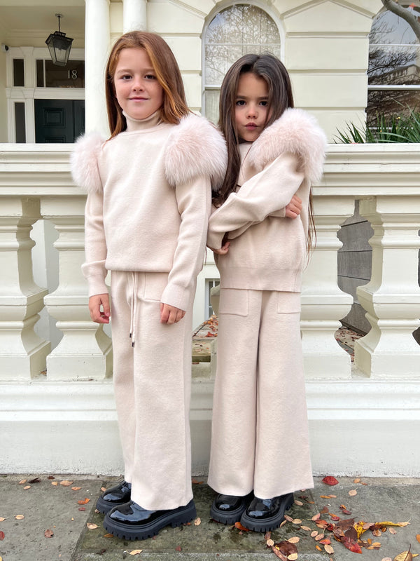 Childrens Light Beige Luxury Fur Roll Neck Wide Leg Tracksuit