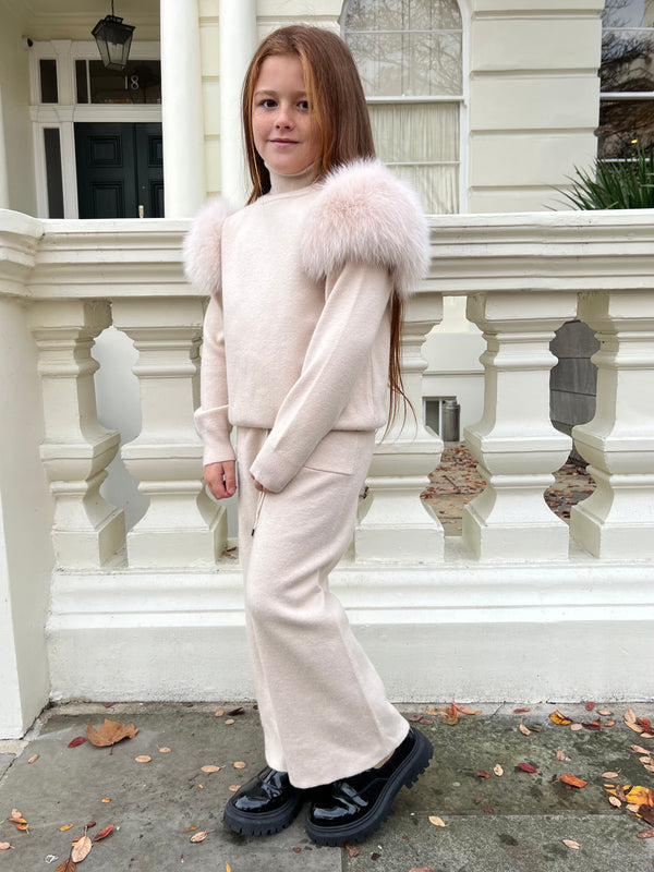 Childrens Light Beige Luxury Fur Roll Neck Wide Leg Tracksuit