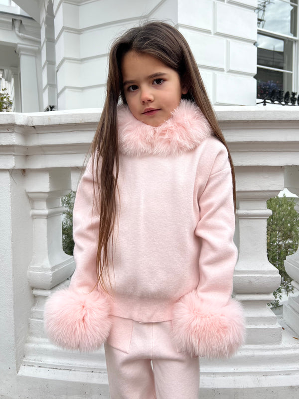 Childrens Baby Pink Luxury Fur Trim Hood & Cuff Tracksuit