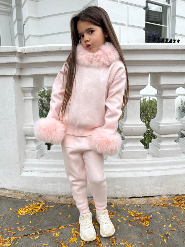Childrens Baby Pink Luxury Fur Trim Hood & Cuff Tracksuit