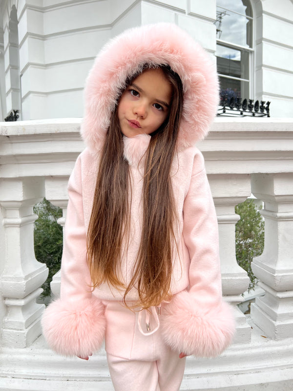 Childrens Baby Pink Luxury Fur Trim Hood & Cuff Tracksuit