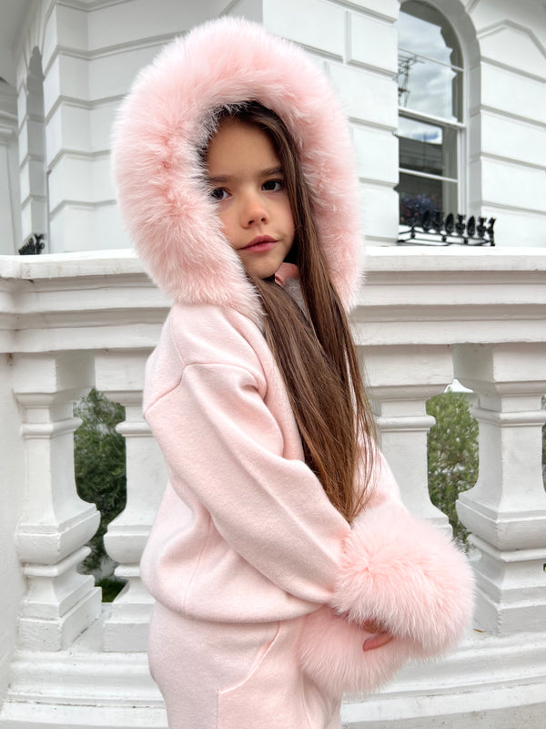 Childrens Baby Pink Luxury Fur Trim Hood & Cuff Tracksuit