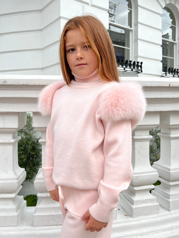 Childrens Baby Pink Luxury Fur Roll Neck Wide Leg Tracksuit