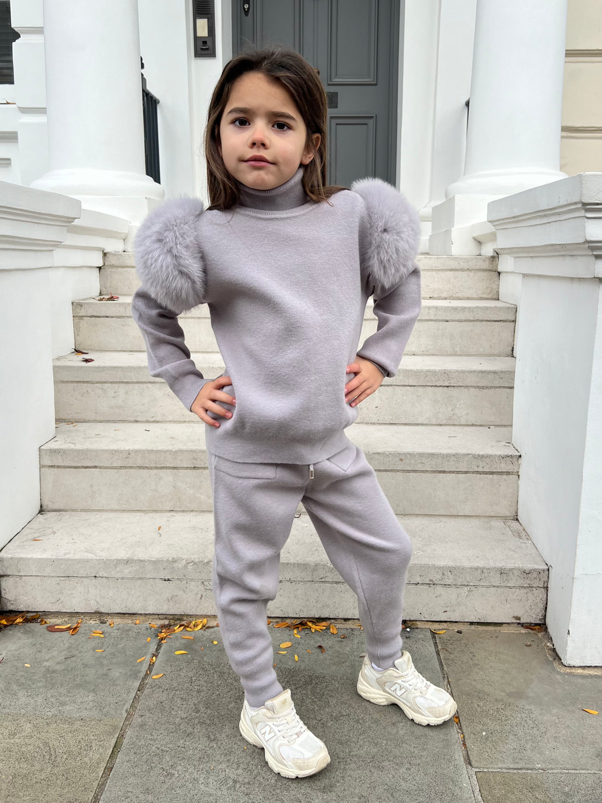 Light Grey Luxury Fur Roll Neck Jogger Tracksuit