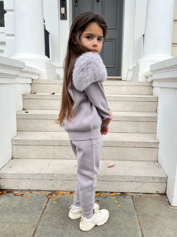 Childrens Light Grey Luxury Fur Roll Neck Jogger Tracksuit