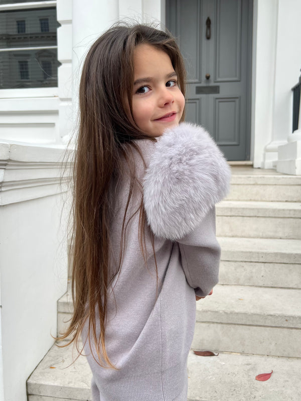 Childrens Light Grey Luxury Fur Roll Neck Jogger Tracksuit