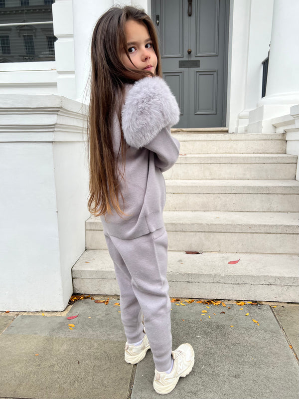 Childrens Light Grey Luxury Fur Roll Neck Jogger Tracksuit