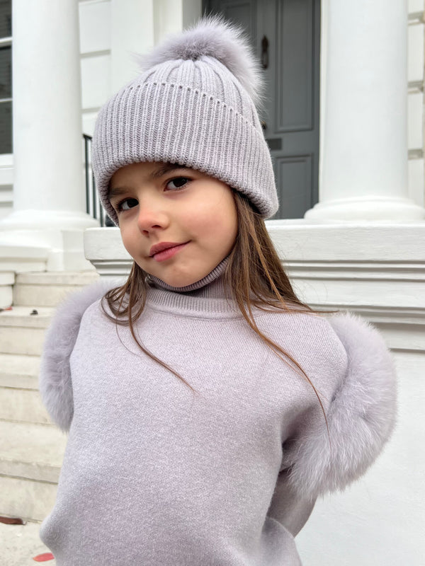 Childrens Grey/Grey Luxury Fur Bobble Hat