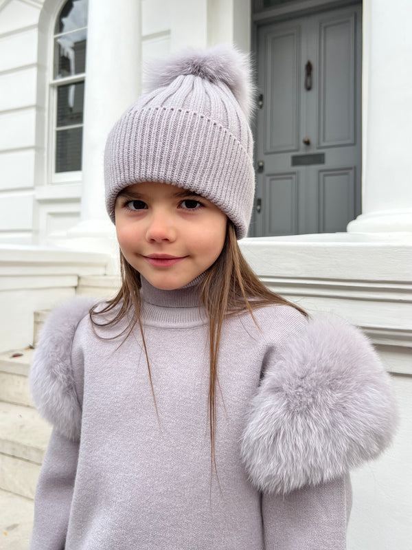 Childrens Grey/Grey Luxury Fur Bobble Hat