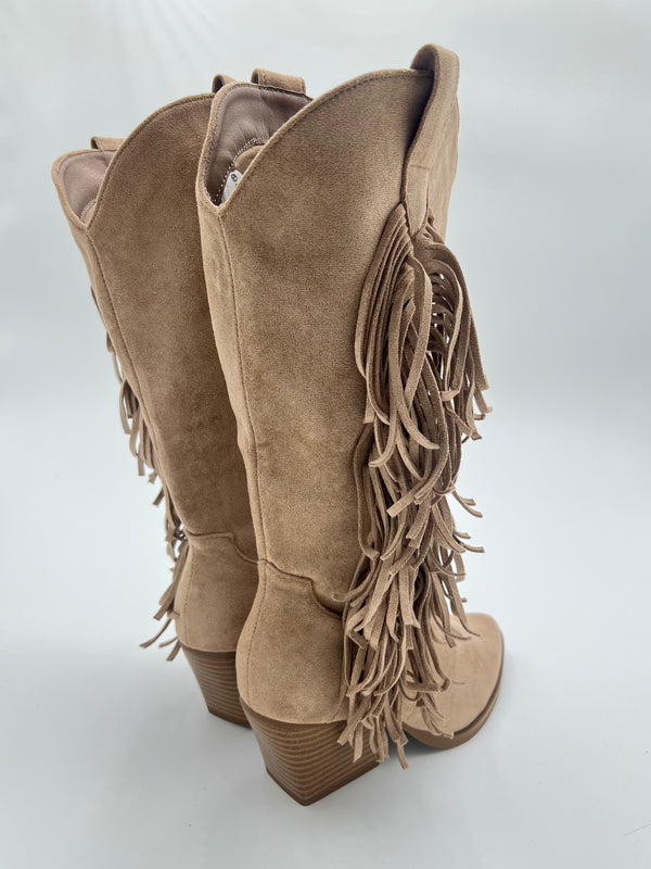 Dark Beige Fringe Suede Effect Cowboy Boots in Dark Beige / 36/3 - HL London