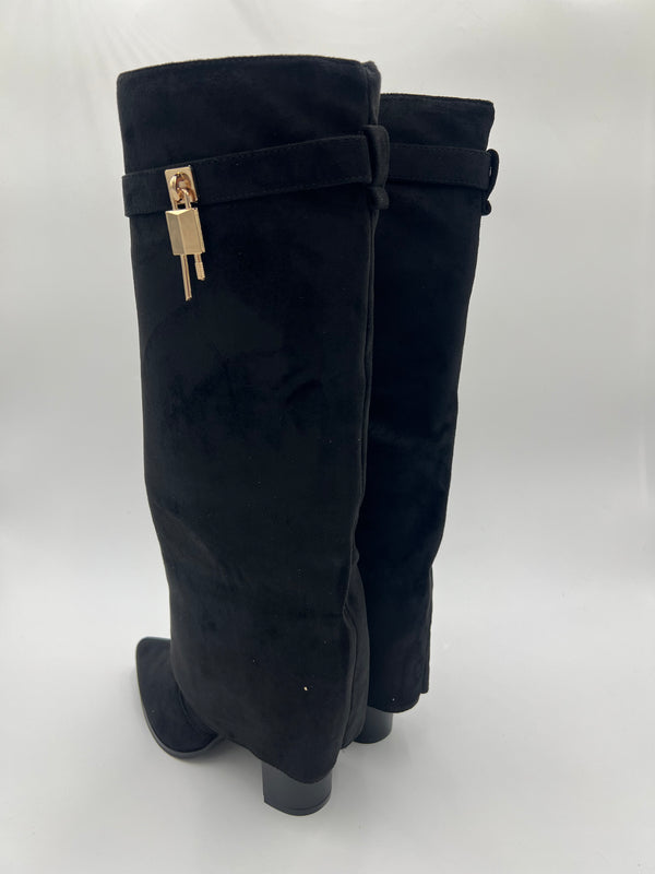 Black Fold Over Faux Suede Boots in Black / 36/3 - HL London
