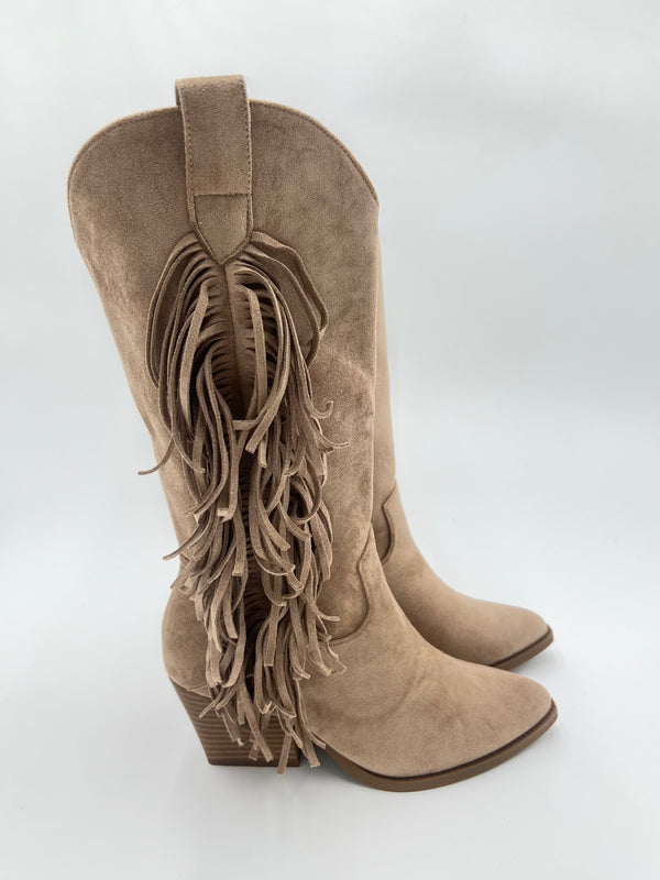 Dark Beige Fringe Suede Effect Cowboy Boots in Dark Beige / 36/3 - HL London