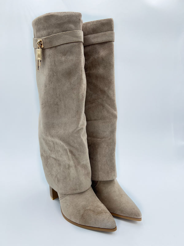Beige Fold Over Faux Suede Boots in Beige / 36/3 - HL London