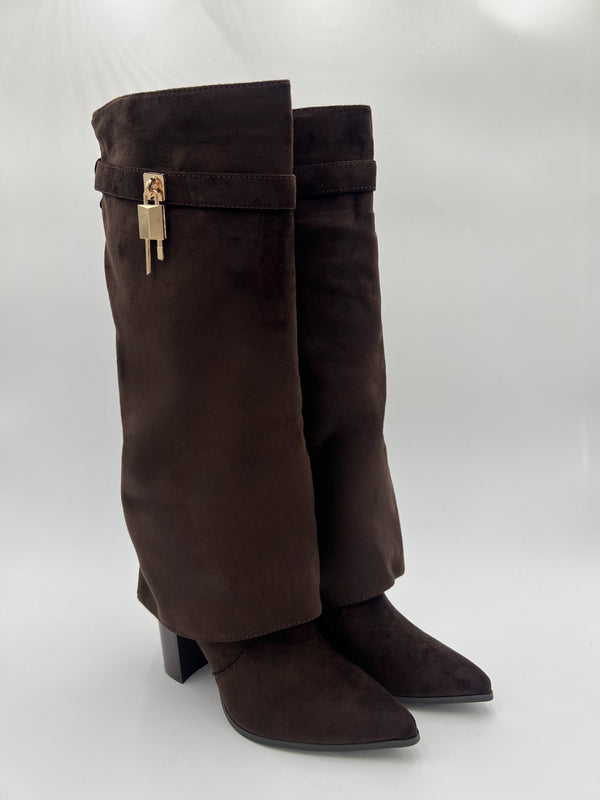 Chocolate Fold Over Faux Suede Boots in Chocolate / 36/3 - HL London