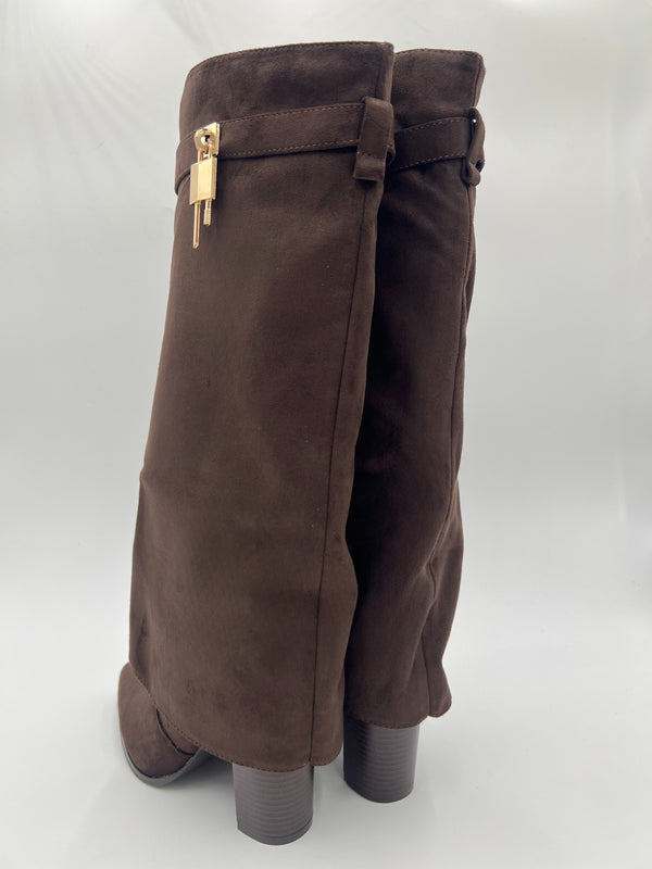 Chocolate Fold Over Faux Suede Boots in Chocolate / 36/3 - HL London