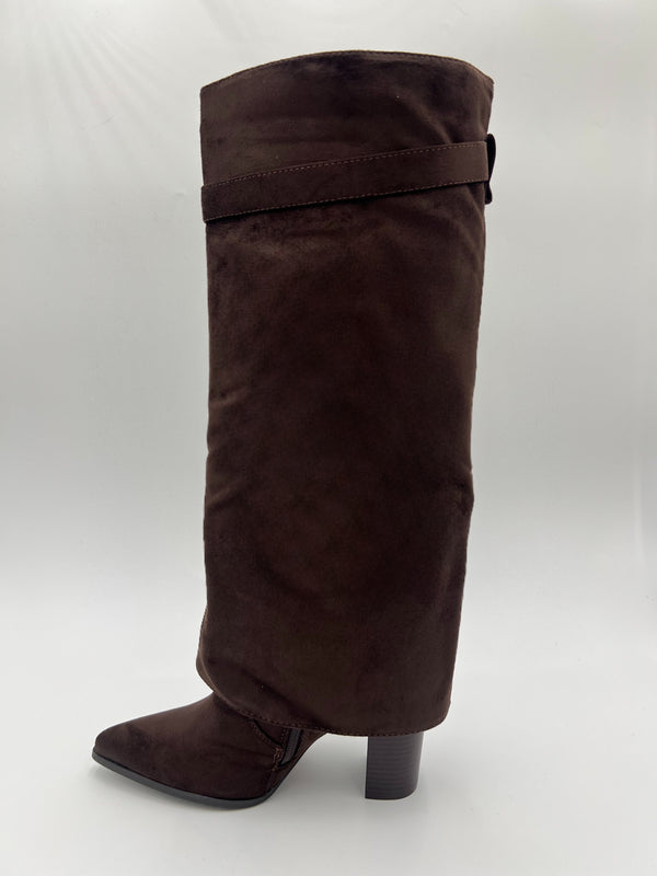 Chocolate Fold Over Faux Suede Boots in Chocolate / 36/3 - HL London